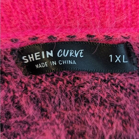 SHEIN Plus Zebra Striped Pattern Fluffy Knit Cardigan Pink and Black - Picture 4 of 5